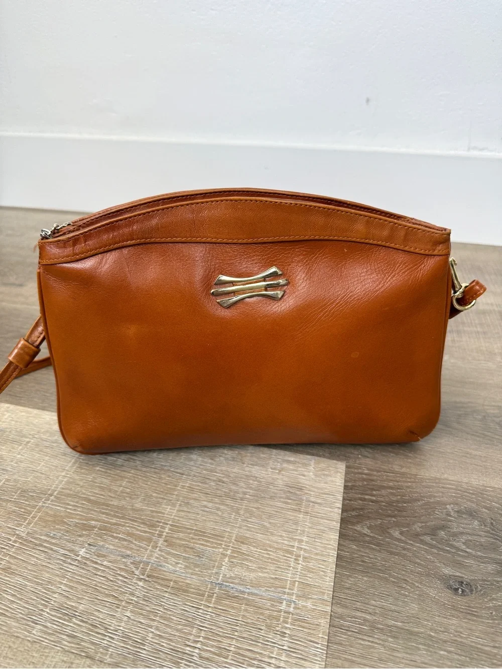 Vintage Brown Leather Double Zip Crossbody Shoulder Bag Purse